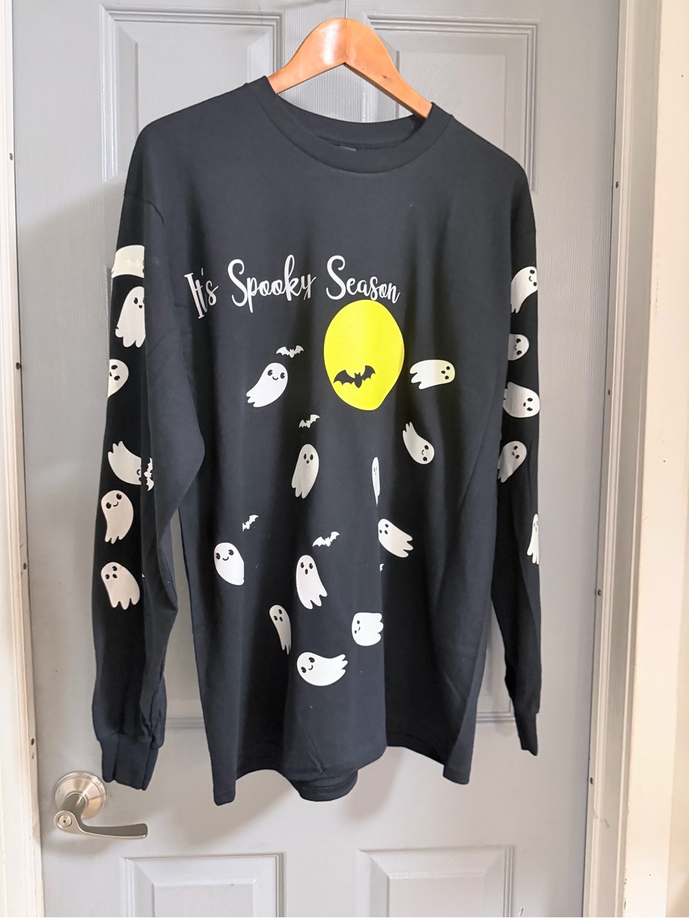 Gildan Black Long Sleeve Tee with White Ghosts and Yellow Moon